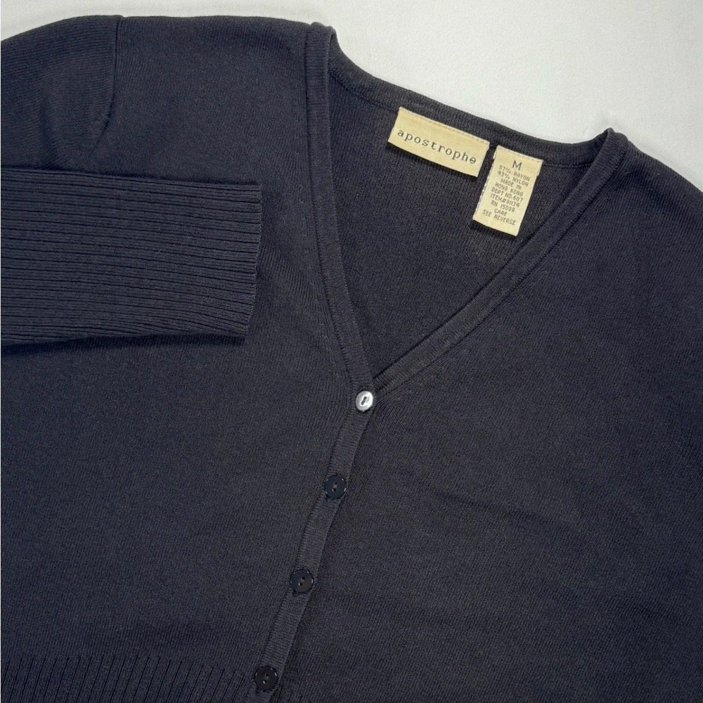 Apostrophe Womens Black V-Neck Cardigan Ribbed Knit Button Front Sweater Size M